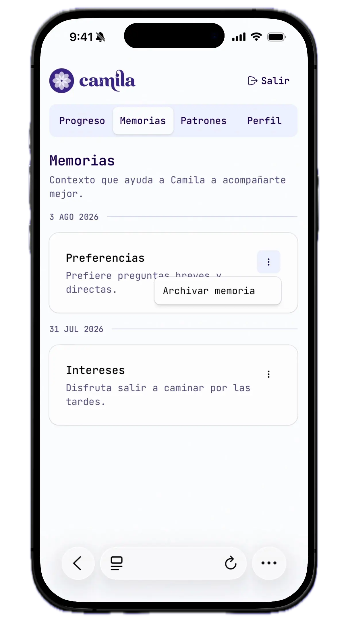Interfaz móvil de Camila con memorias personales