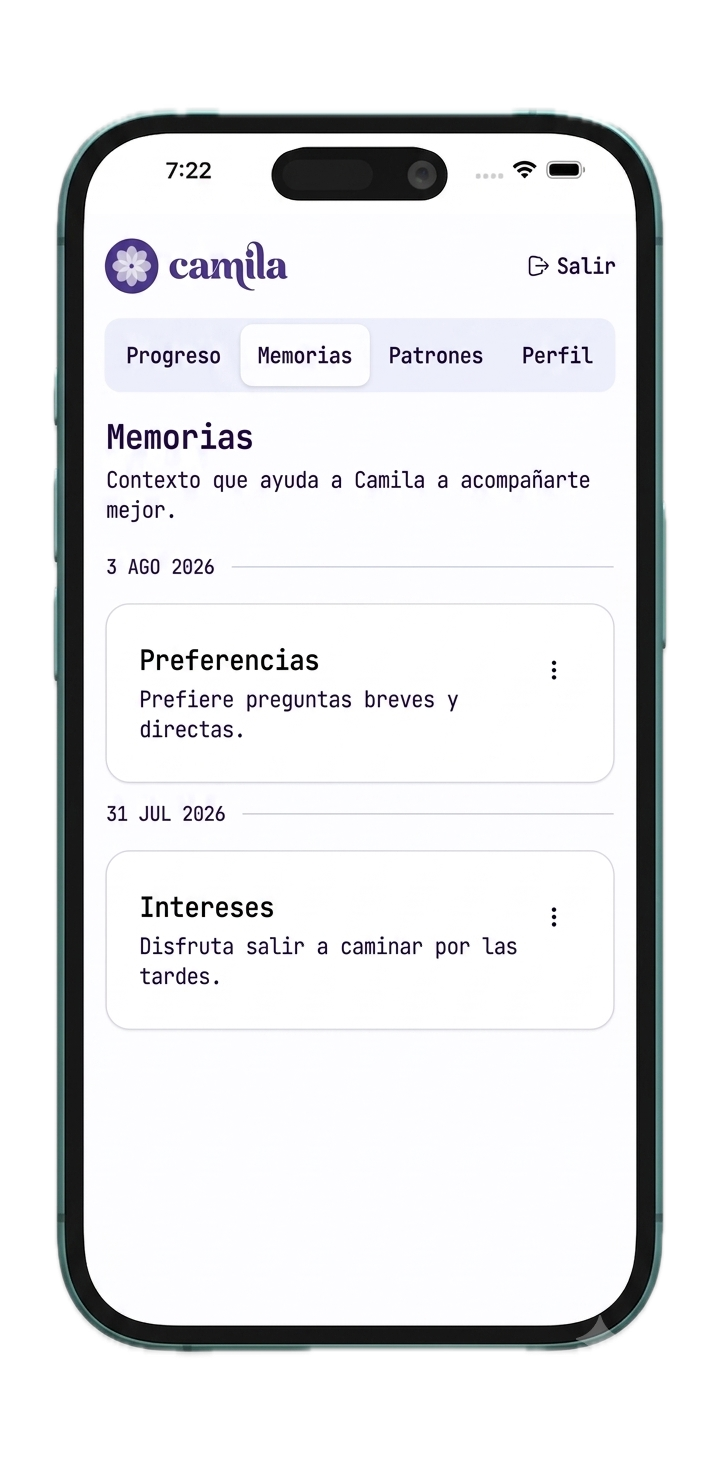 Interfaz móvil de Camila con memorias personales