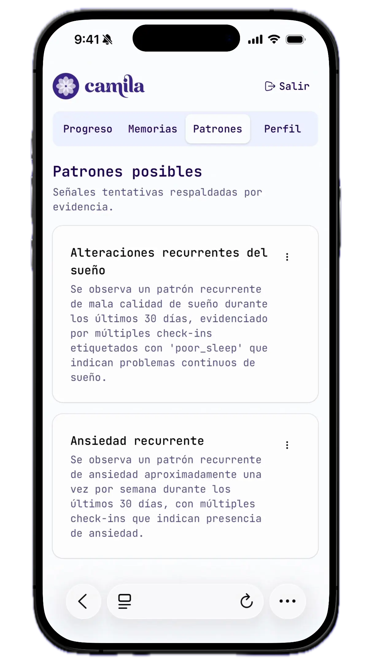 Interfaz móvil de Camila para visualizar tu evolución