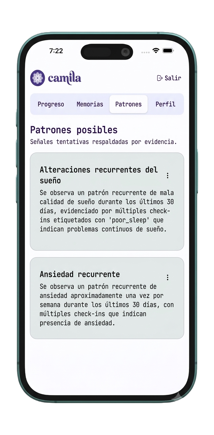 Interfaz móvil de Camila para visualizar tu evolución